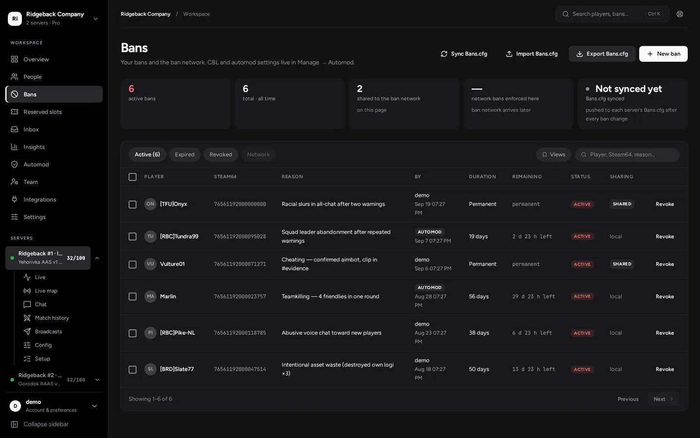 Ban list with reasons, sources and expiry