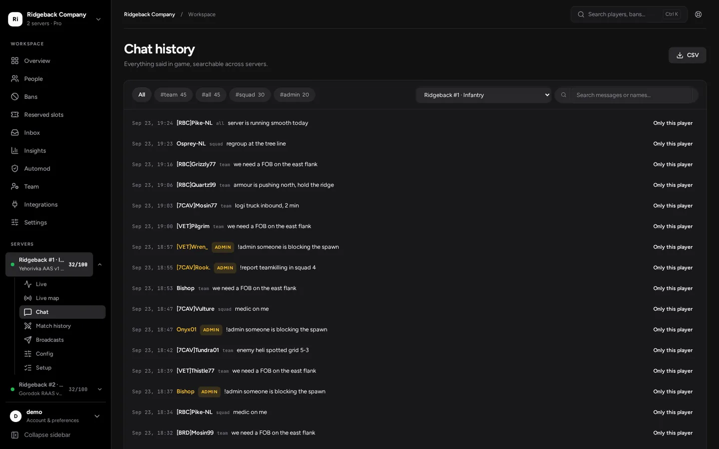 Chat search filtered to one player